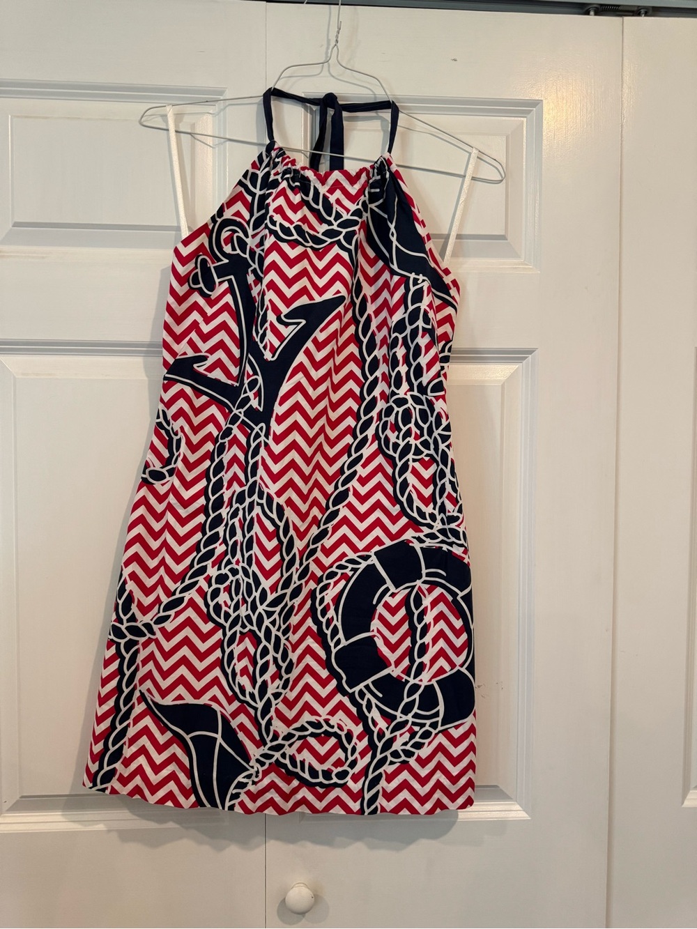 Vineyard Vines Red and Navy Nautical Chevron Halter Dress Size 4